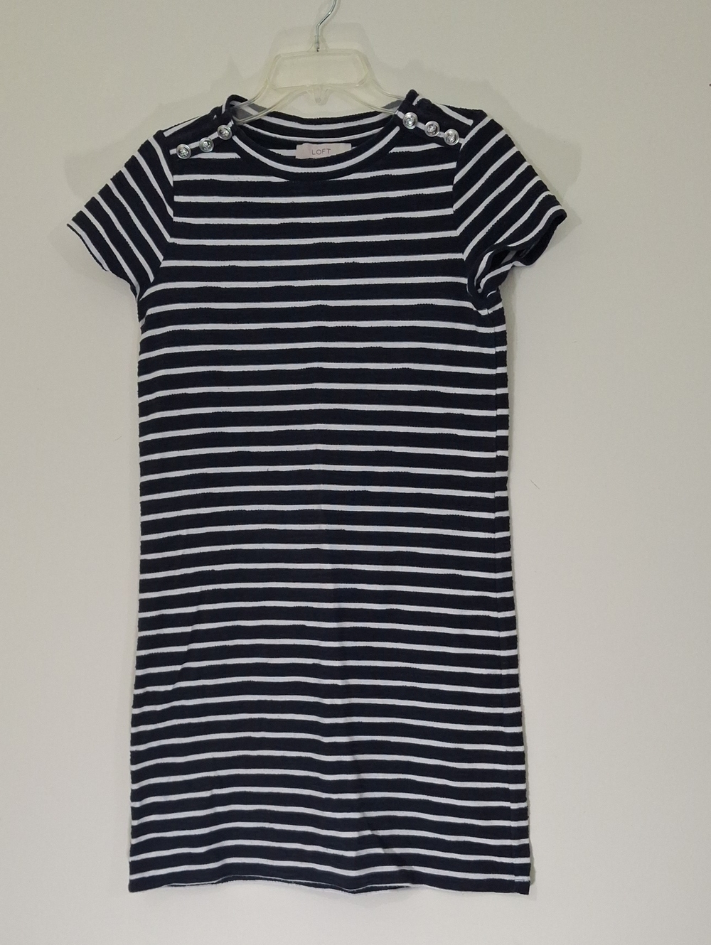 LOFT Navy and White Striped Short-Sleeve Tee with Shoulder Buttons, Size Small